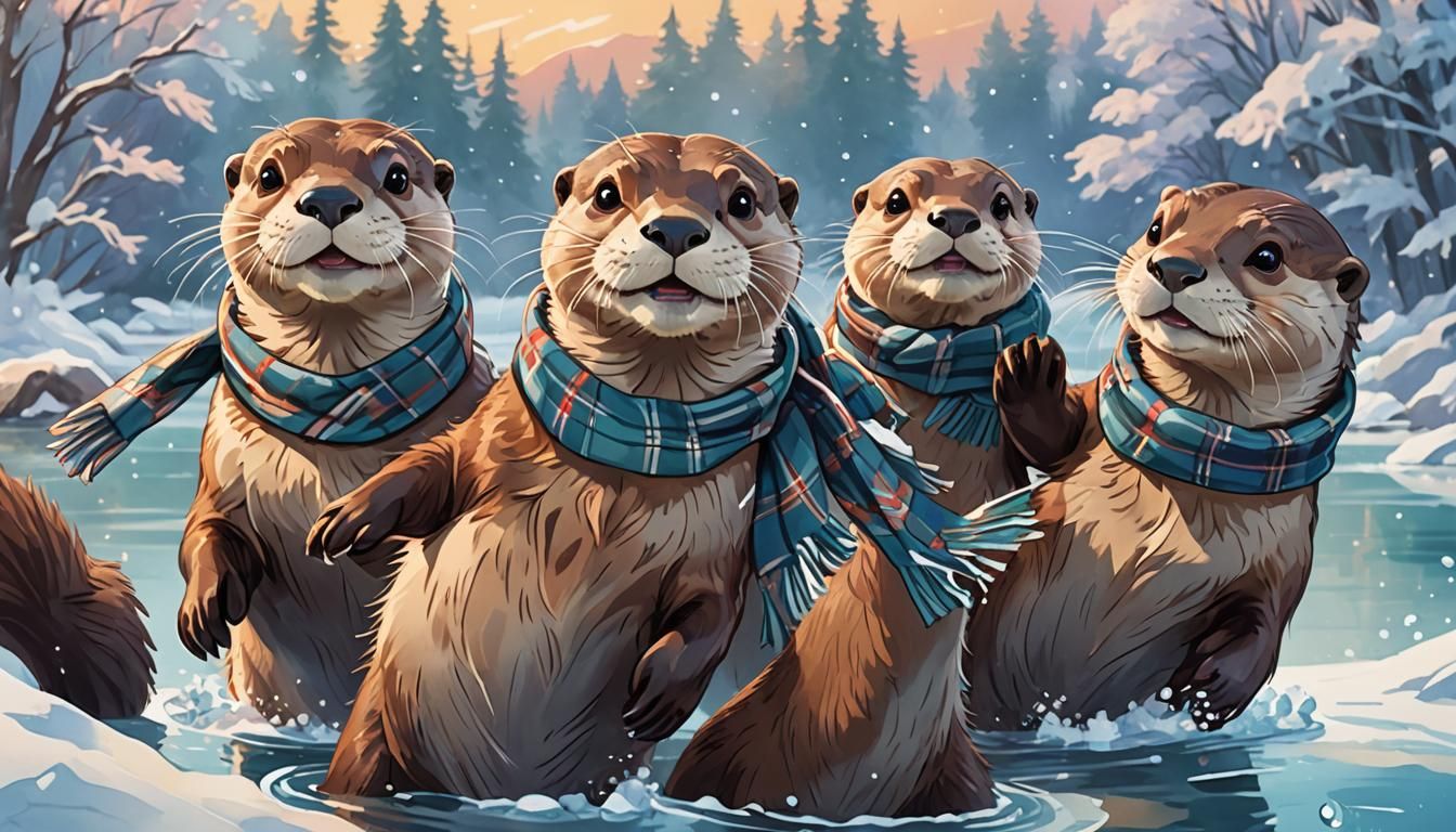 Manga-Style Otters Frolic on an Icy Blue Lake