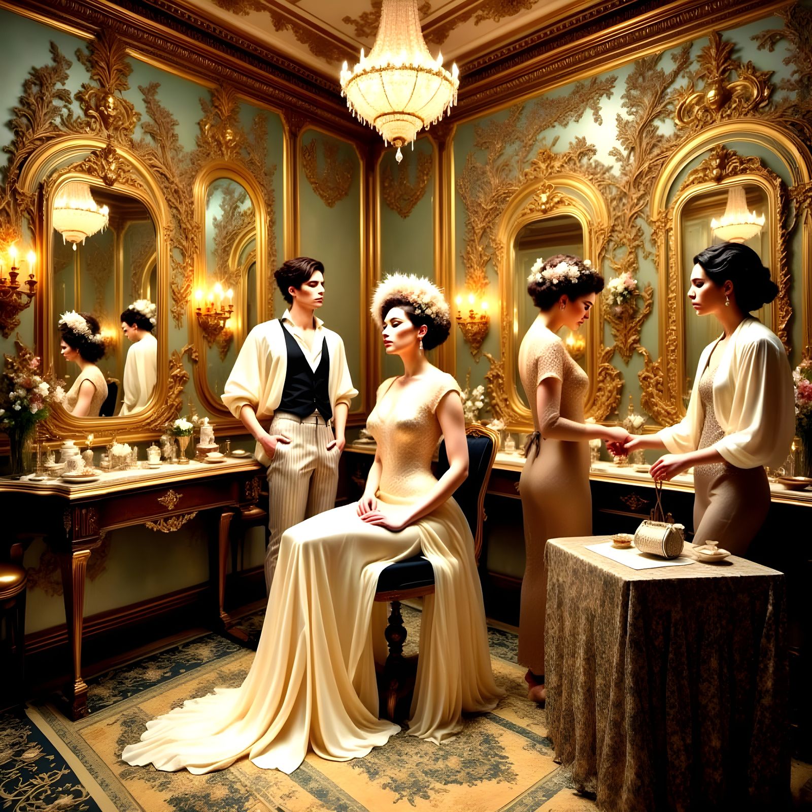 1920s Art Nouveau Fashion Week Scene with Models and Designe...