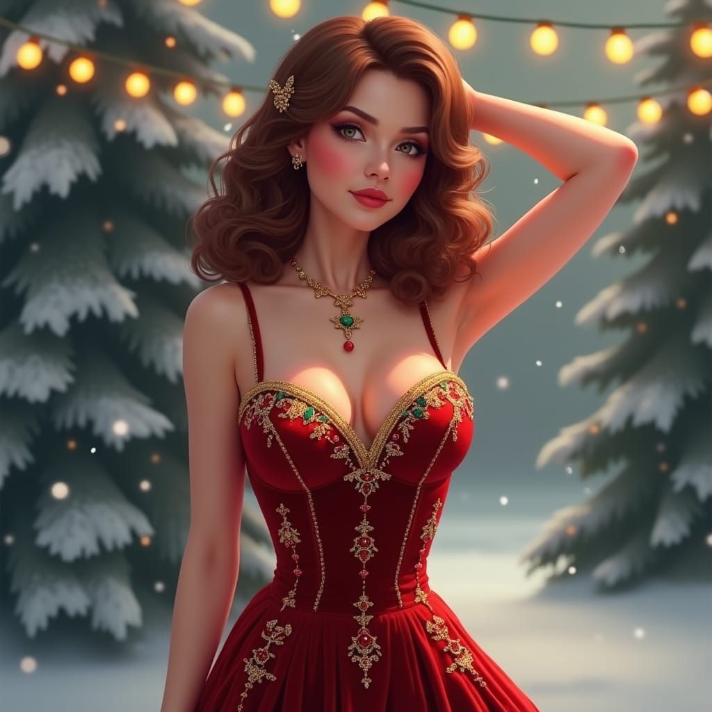 Festive Pinup in Red Velvet Dress