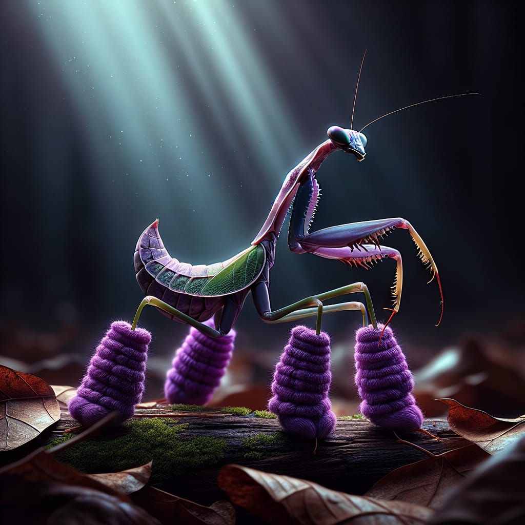 Praying Mantis in Purple Booties: Hyperrealistic Close-Up