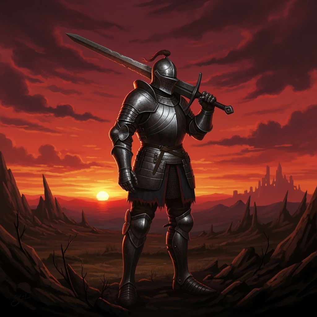 Knight Silhouetted Against Crimson Sunset in Fantasy Art Sty...