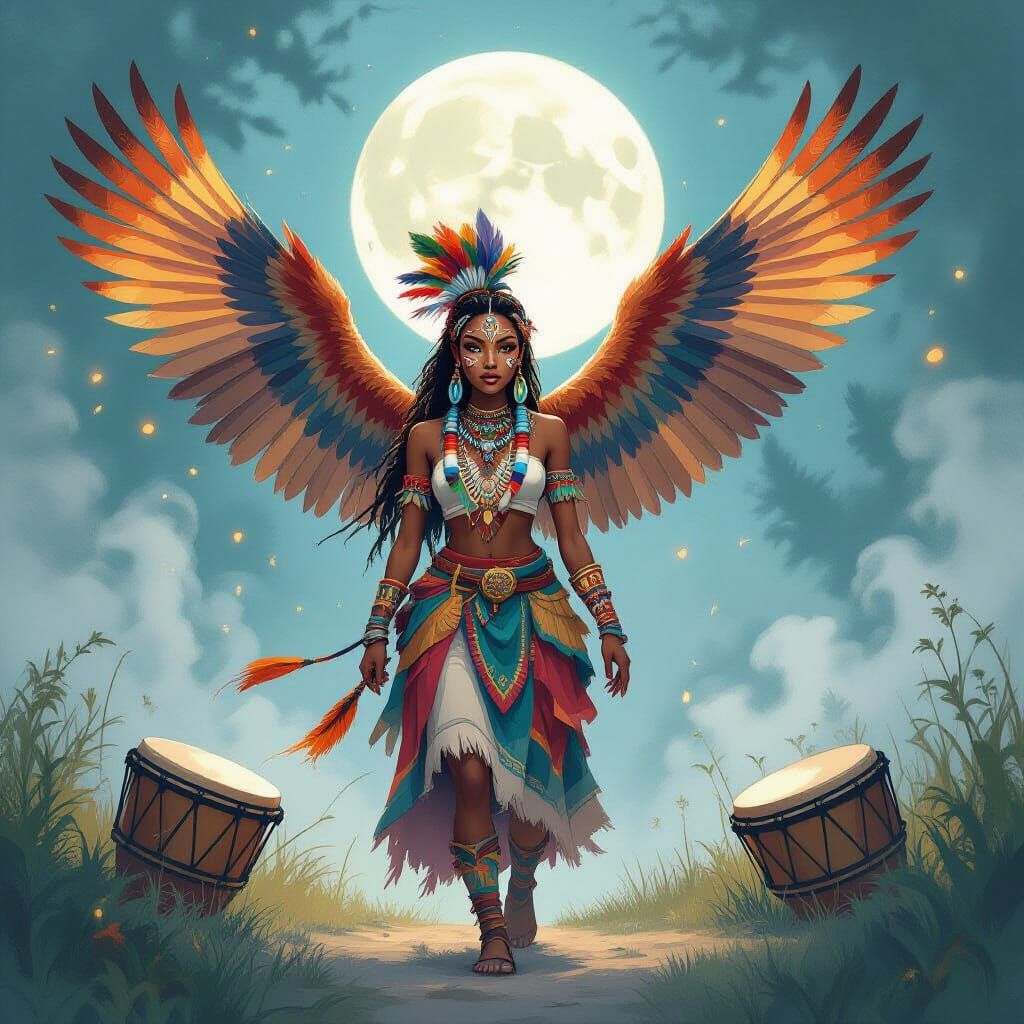 Tribal Fairy with Eagle Wings in Watercolor Style