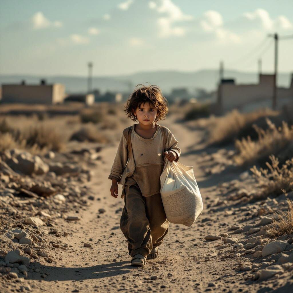 Child in Desolate Gaza Landscape with Cinematic Lighting