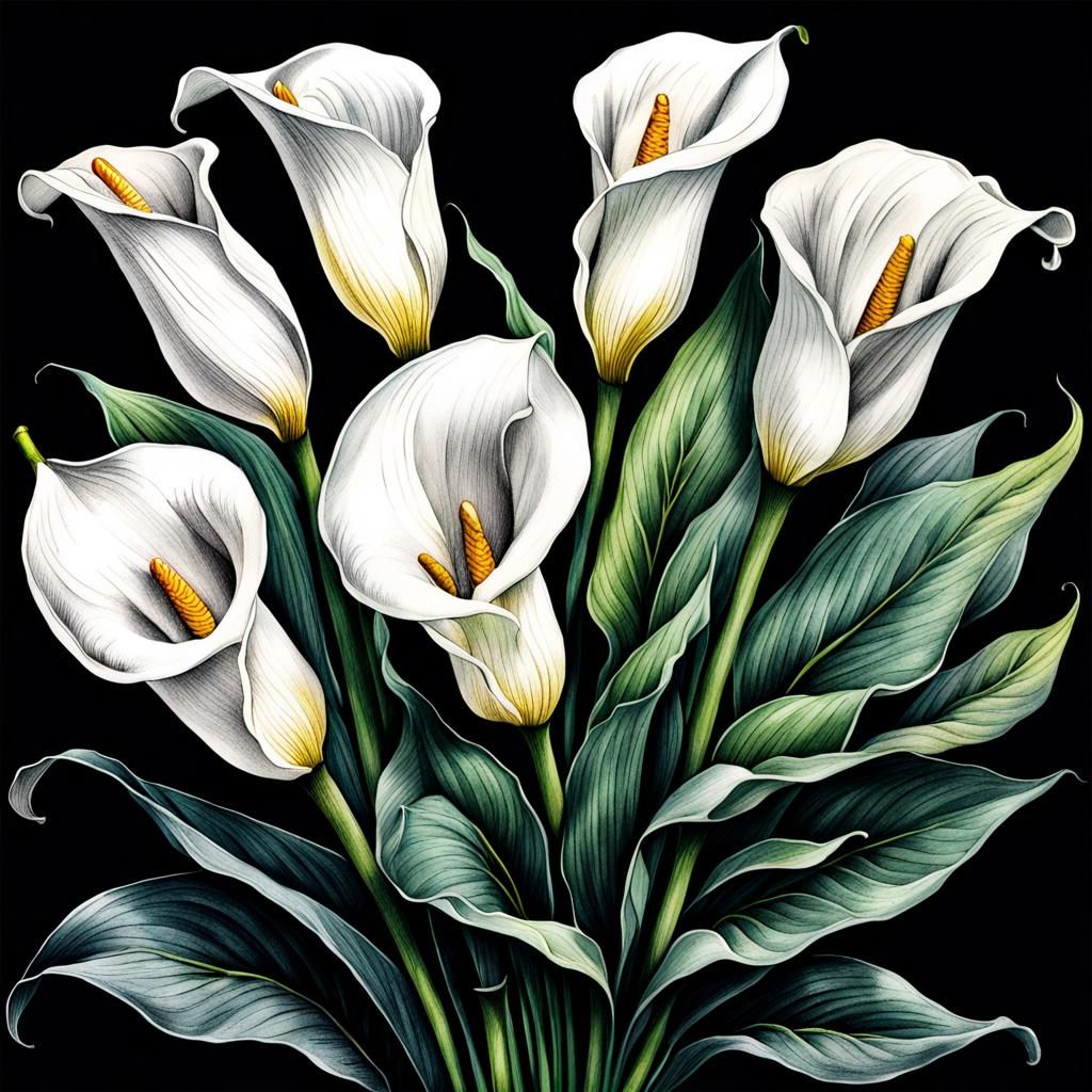 Intricate Botanical Ink Drawing of Calla Lily Bouquet