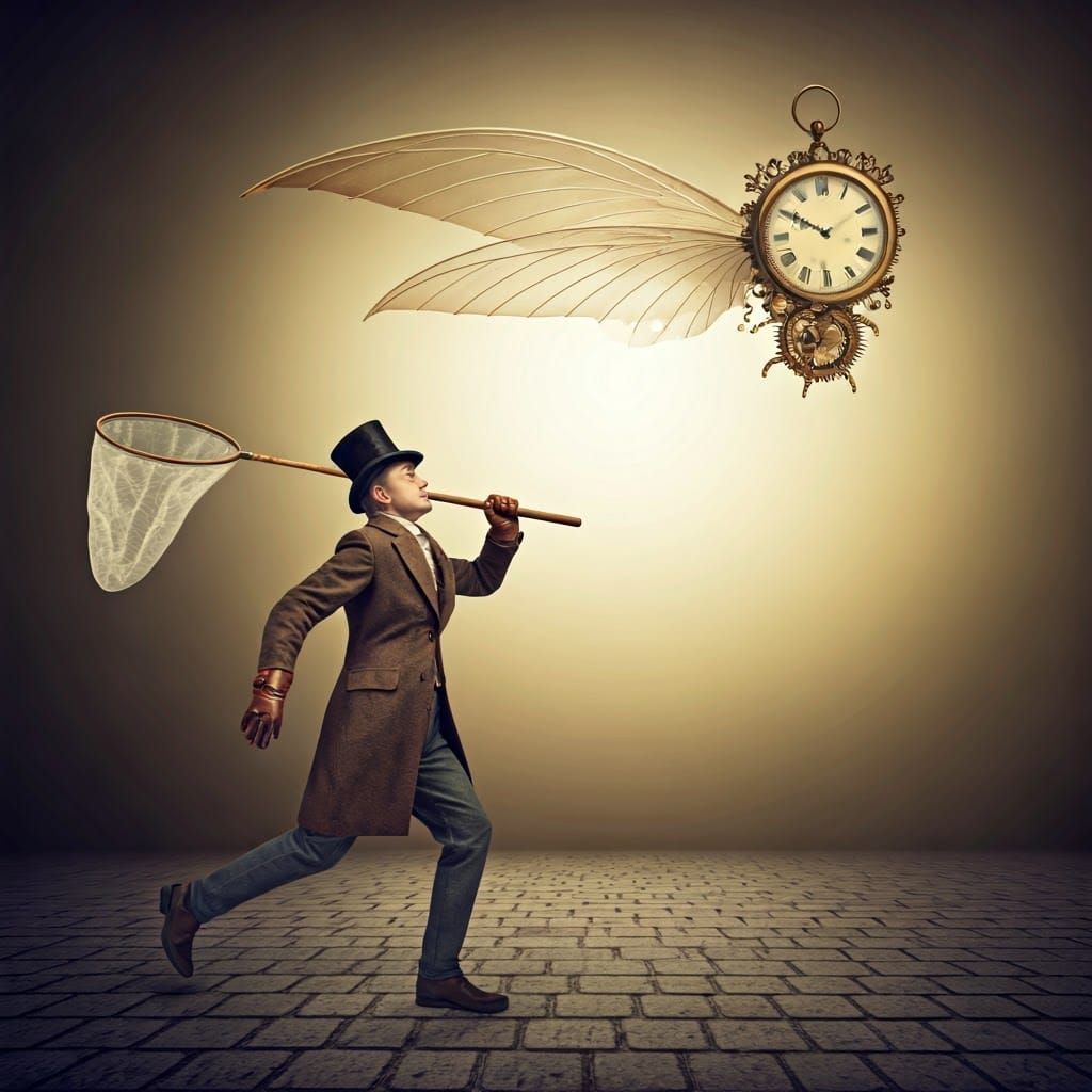 Whimsical Man Chasing Flying Clock in Dreamscape