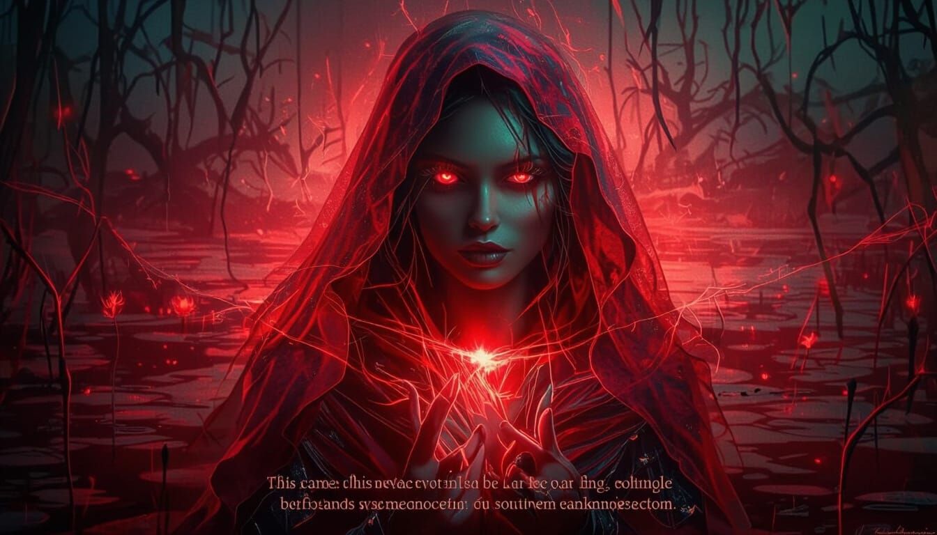 Courageous Woman in Scarlet Veil in Bioluminescent Swamp