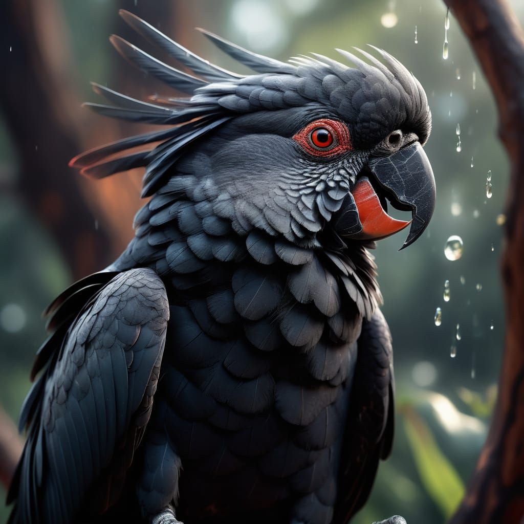 Surreal Black Cockatoo Takes Flight into Gum Tree Stormscape