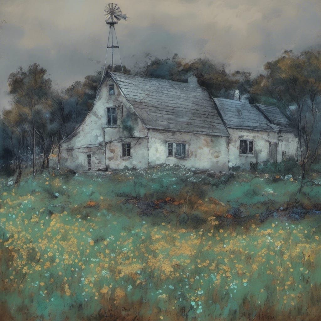 Alcohol Ink Farmhouse with Flowers and Wind Pump