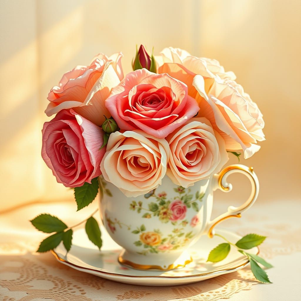 Romantic Roses in a Cup: Watercolor Illustration