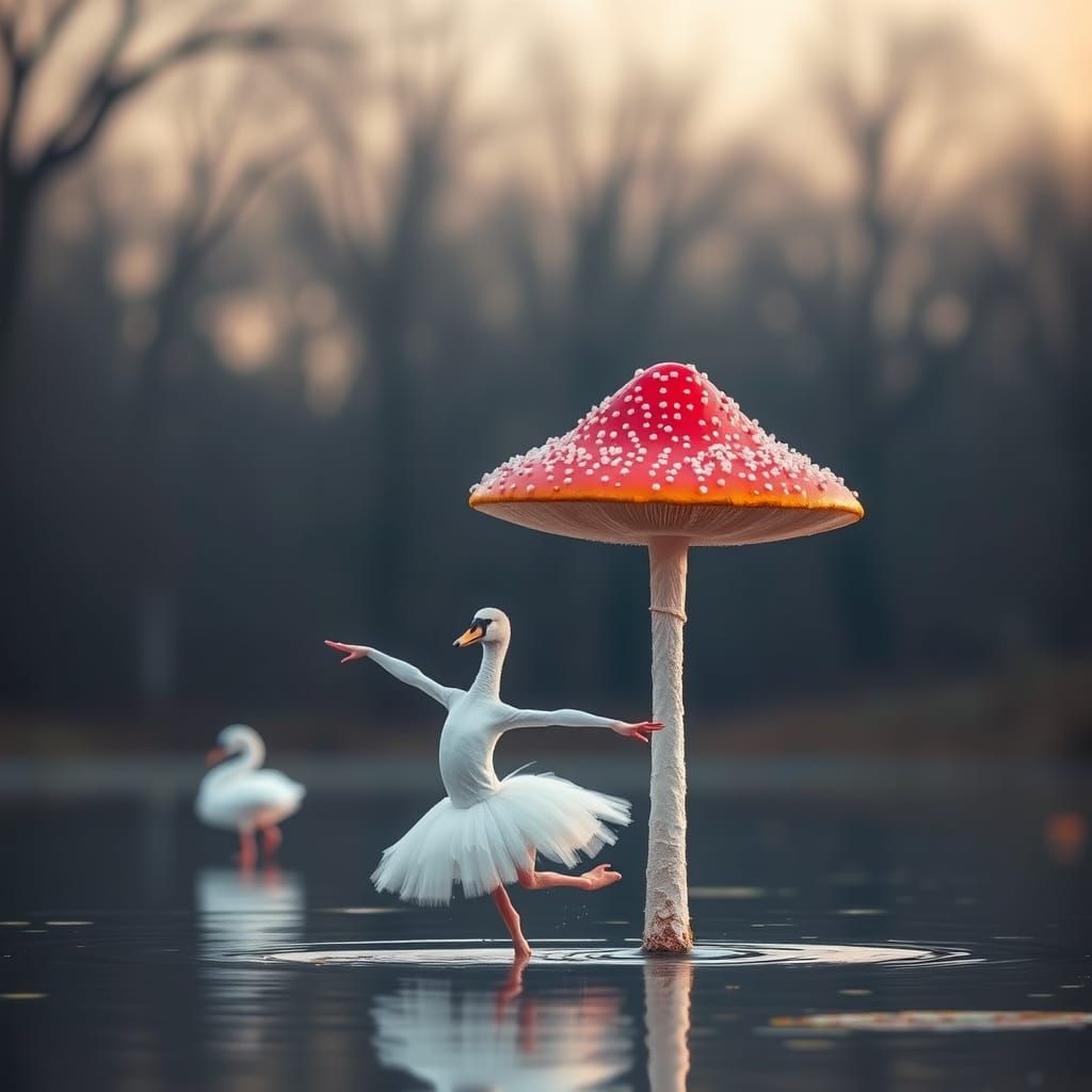 Mystical Mushroom Ballet in a Dreamlike Swan Lake Scene