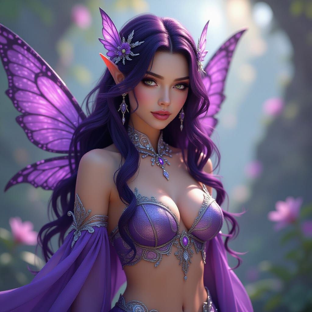 Detailed Fairy with Dark Purple Hair in Silver and Purple Ou...