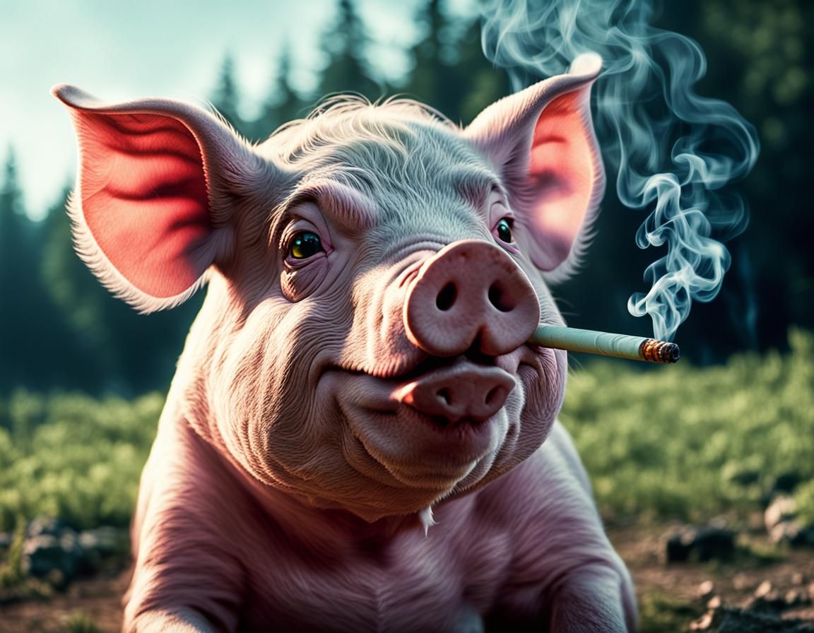 Grumpy Cartoon Pig Smoking: Cinematic CGI Still