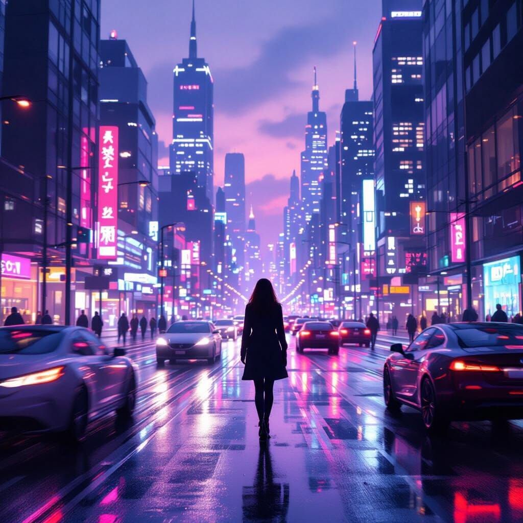 Twilight Cityscape with Neon Reflections