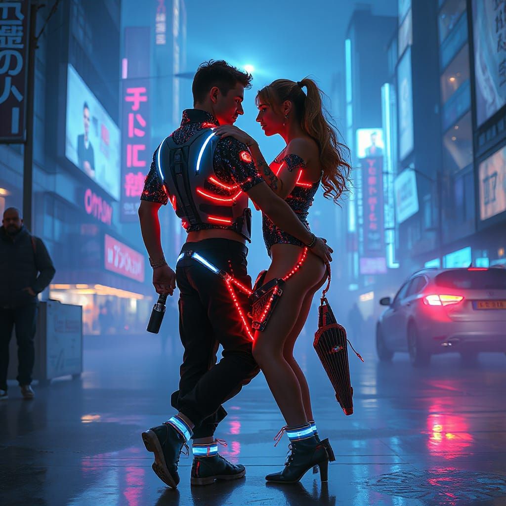 Neon Dancers in Futuristic Cityscape, Cyberpunk Style