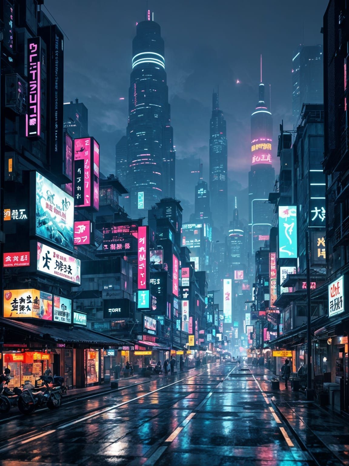 Neon Cyberpunk Cityscape in Dark Palette