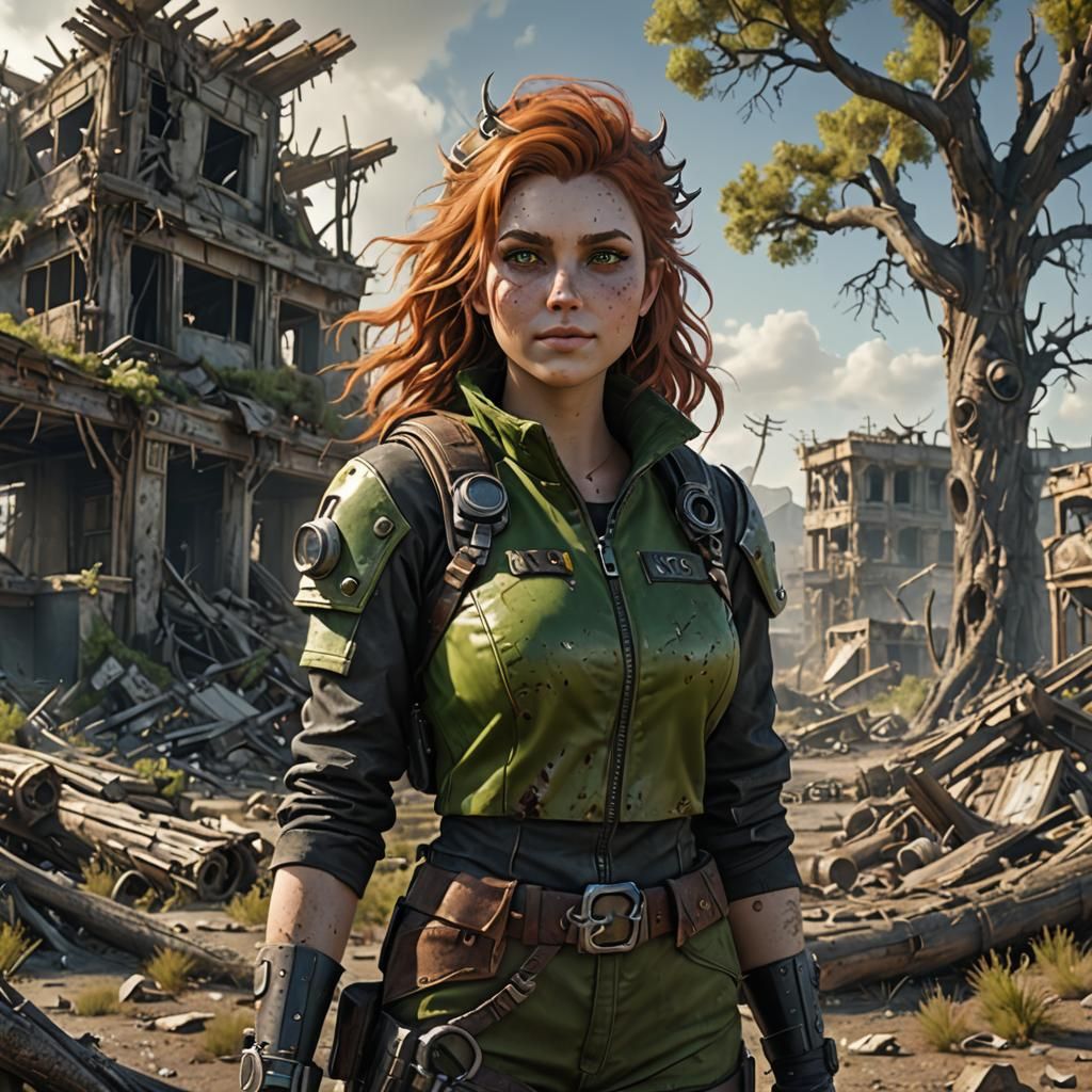 Wasteland Wanderer: Auburn Beauty in Fallout Style