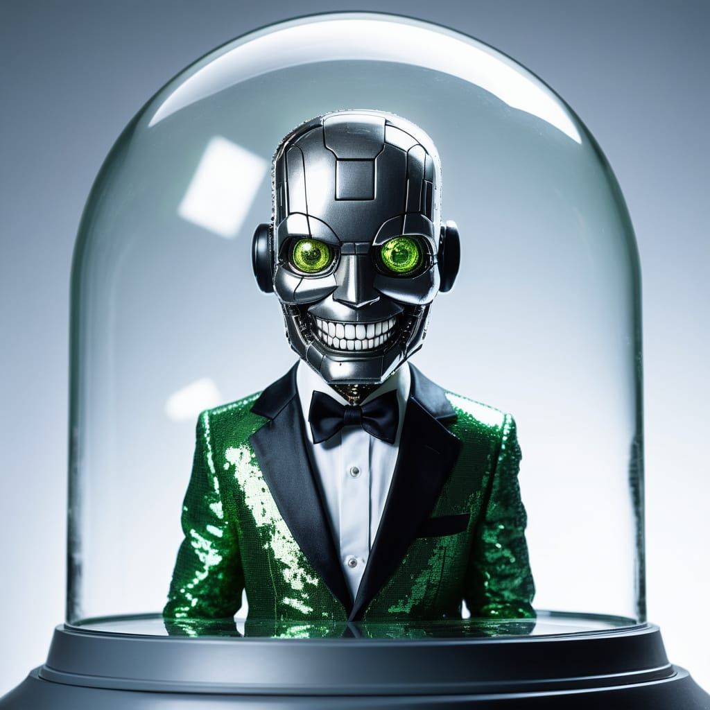 Android Genius in Shimmering Tuxedo within Glass Rubik's Cub...