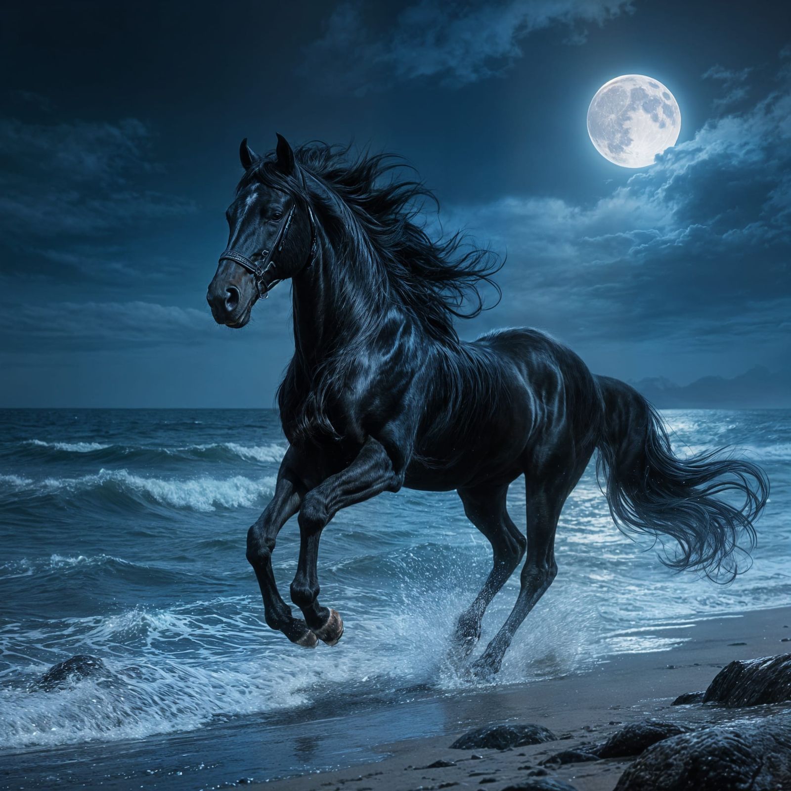 Black Friesian Horse Gallops on Ocean Shore Under Full Moon