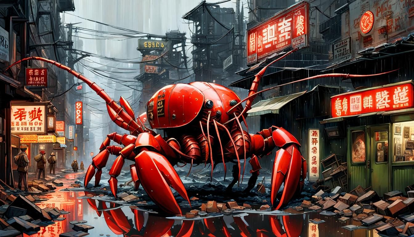 Colossal Mechanical Lobster in Post-Apocalyptic Cityscape