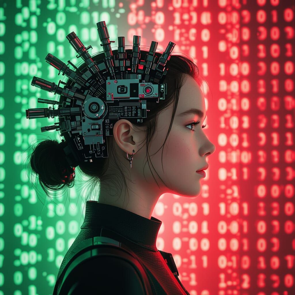 Hyperrealistic Woman Profile with Machine Hair on Matrix Bac...