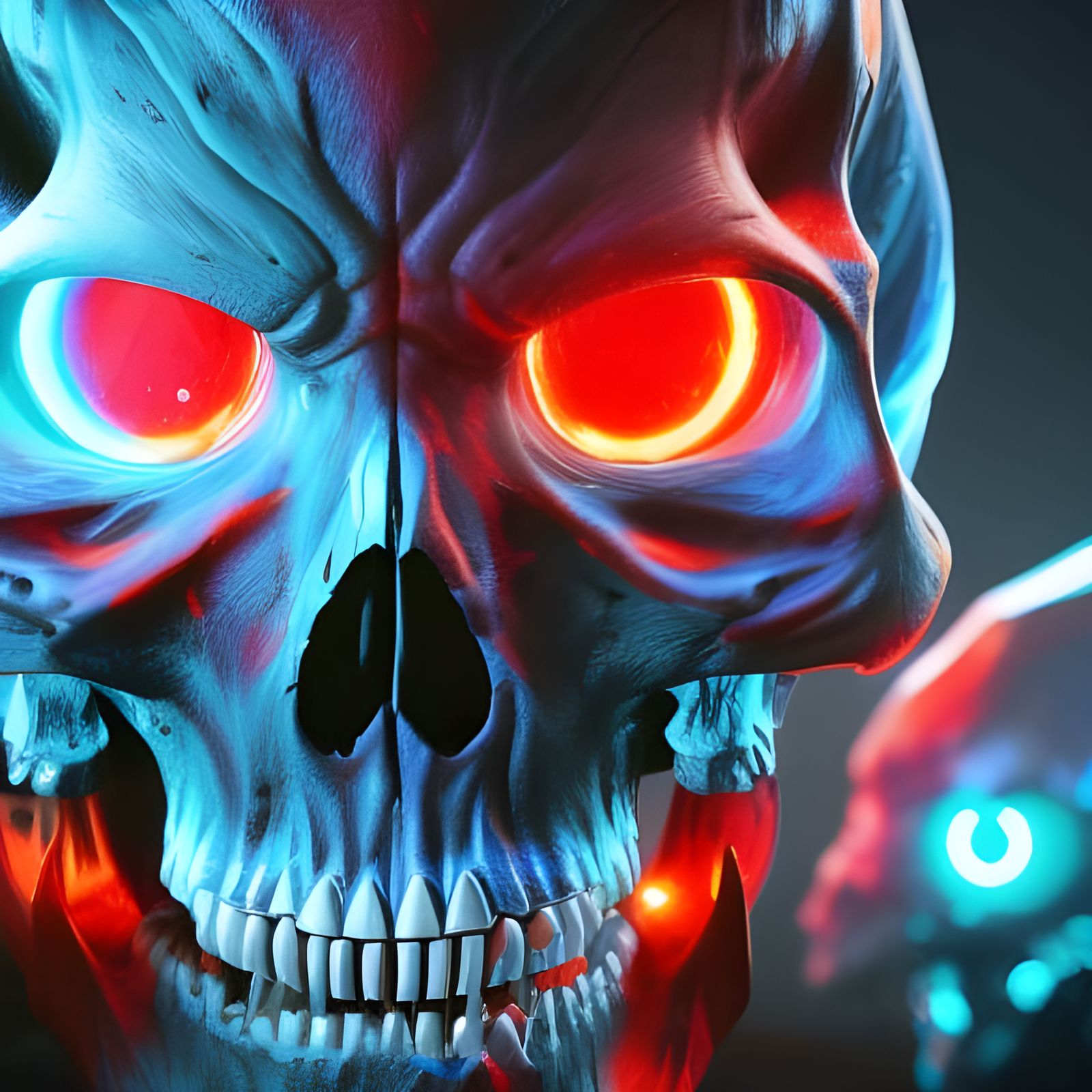 Blue Skull with Red Eyes in Dark Fantasy Style