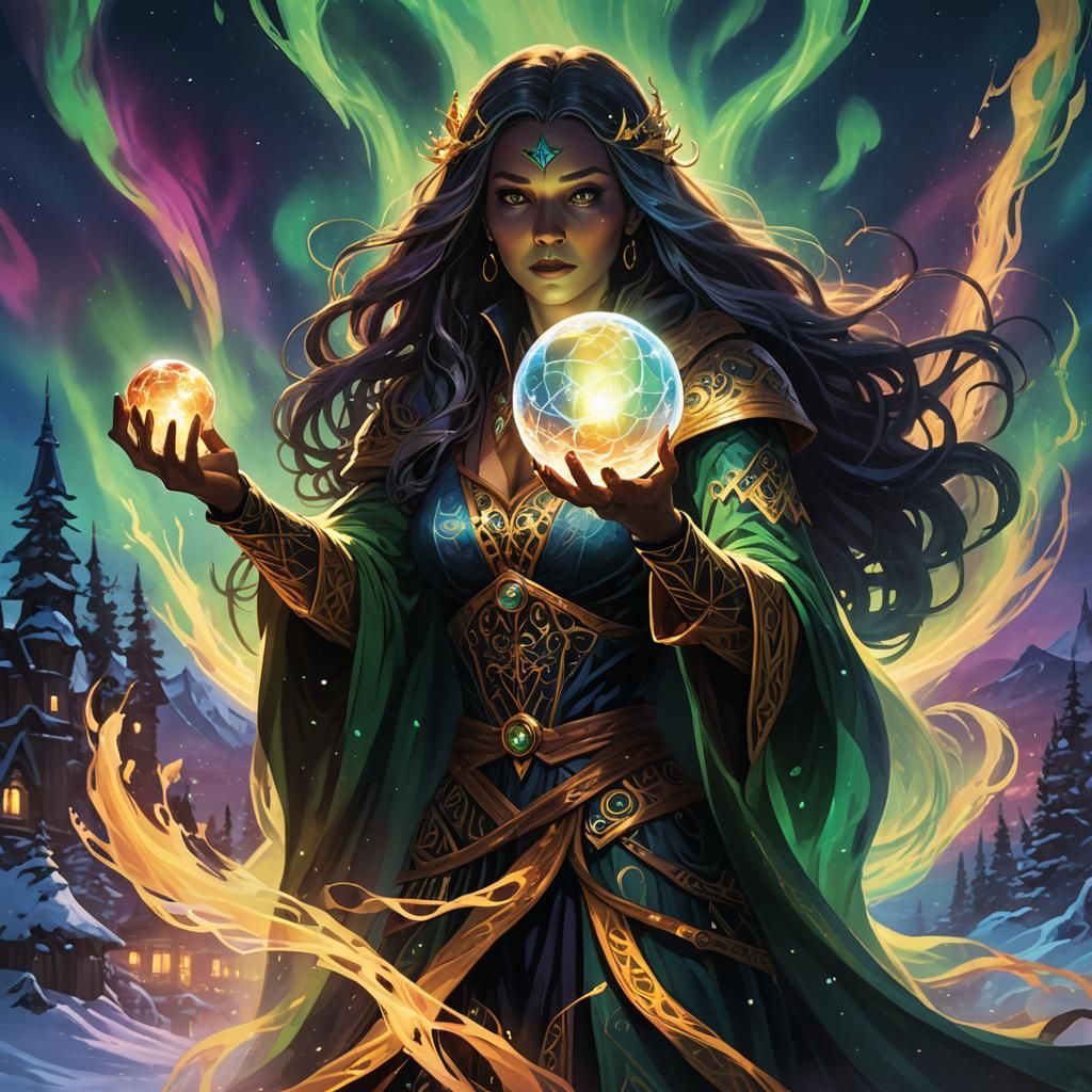 Dark Fantasy Sorceress with Crystal Ball Under Aurora