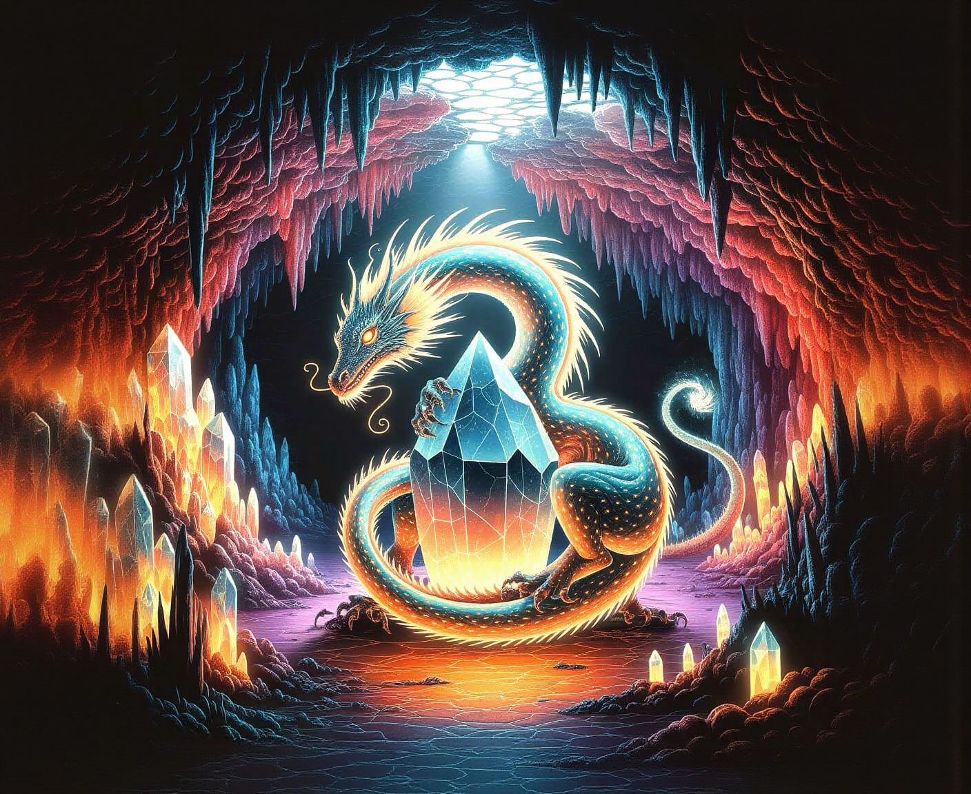 Bioluminescent Dragon in Crystal Cave, Artgerm Style