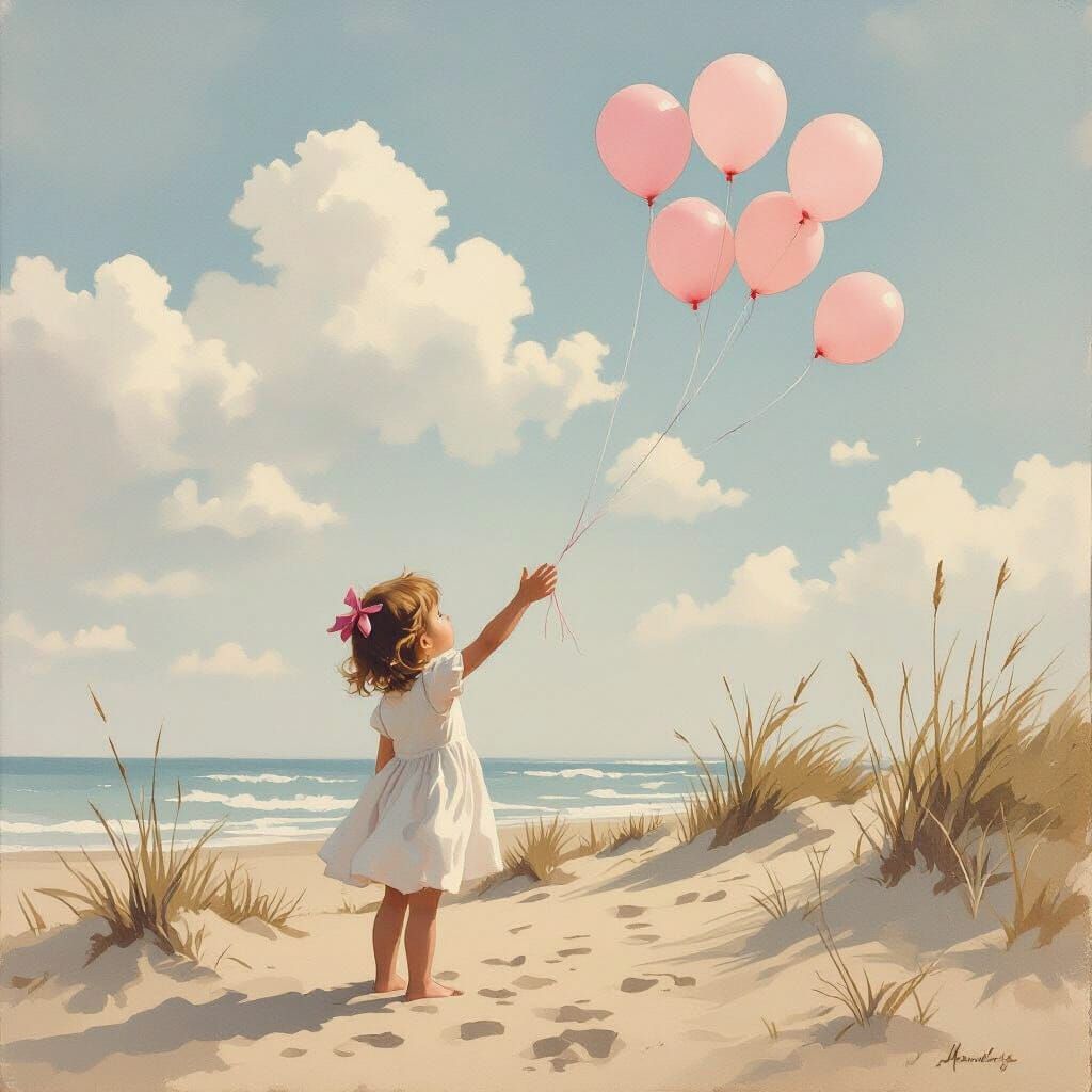 Girl Reaches for Fading Balloons on Sandy Dunes