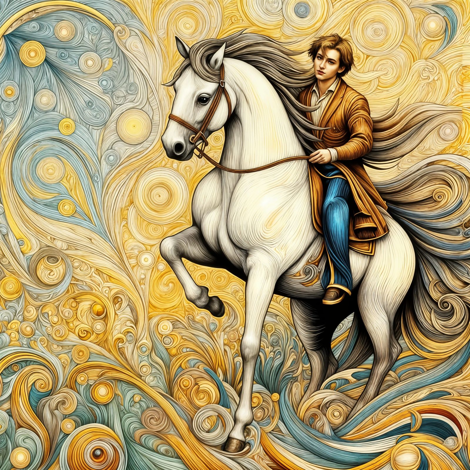 Man on Rearing Horse Amidst Abstract Geometric Background
