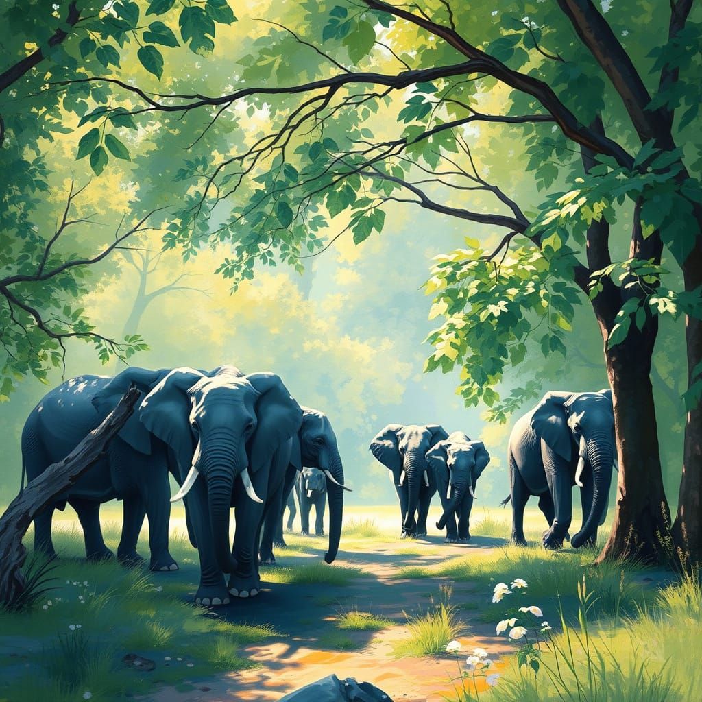 Elephants Roaming in Sunlit Forest as Impressionist Painting