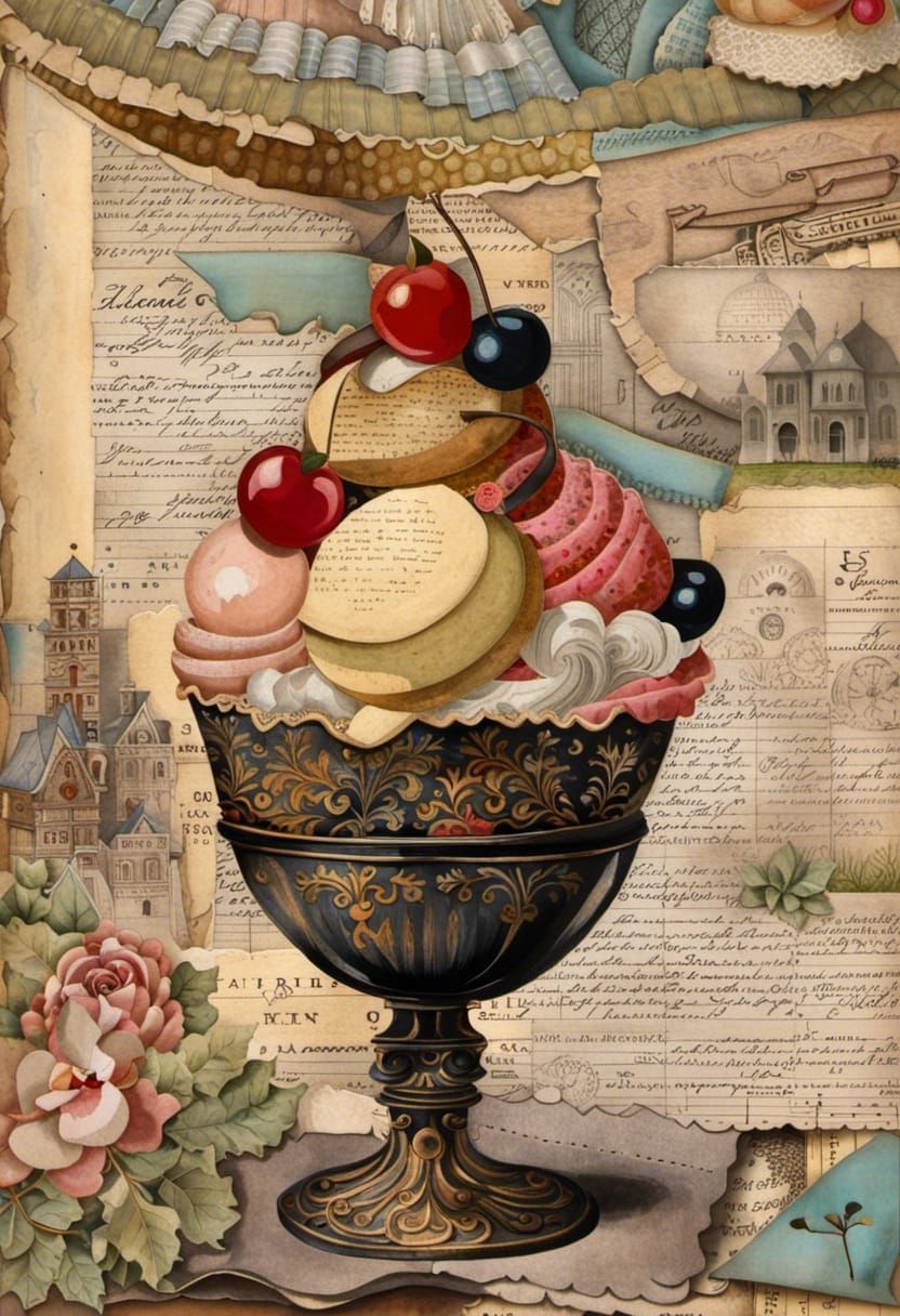 Elaborate Ice Cream Sundae Collage on Antique Pages