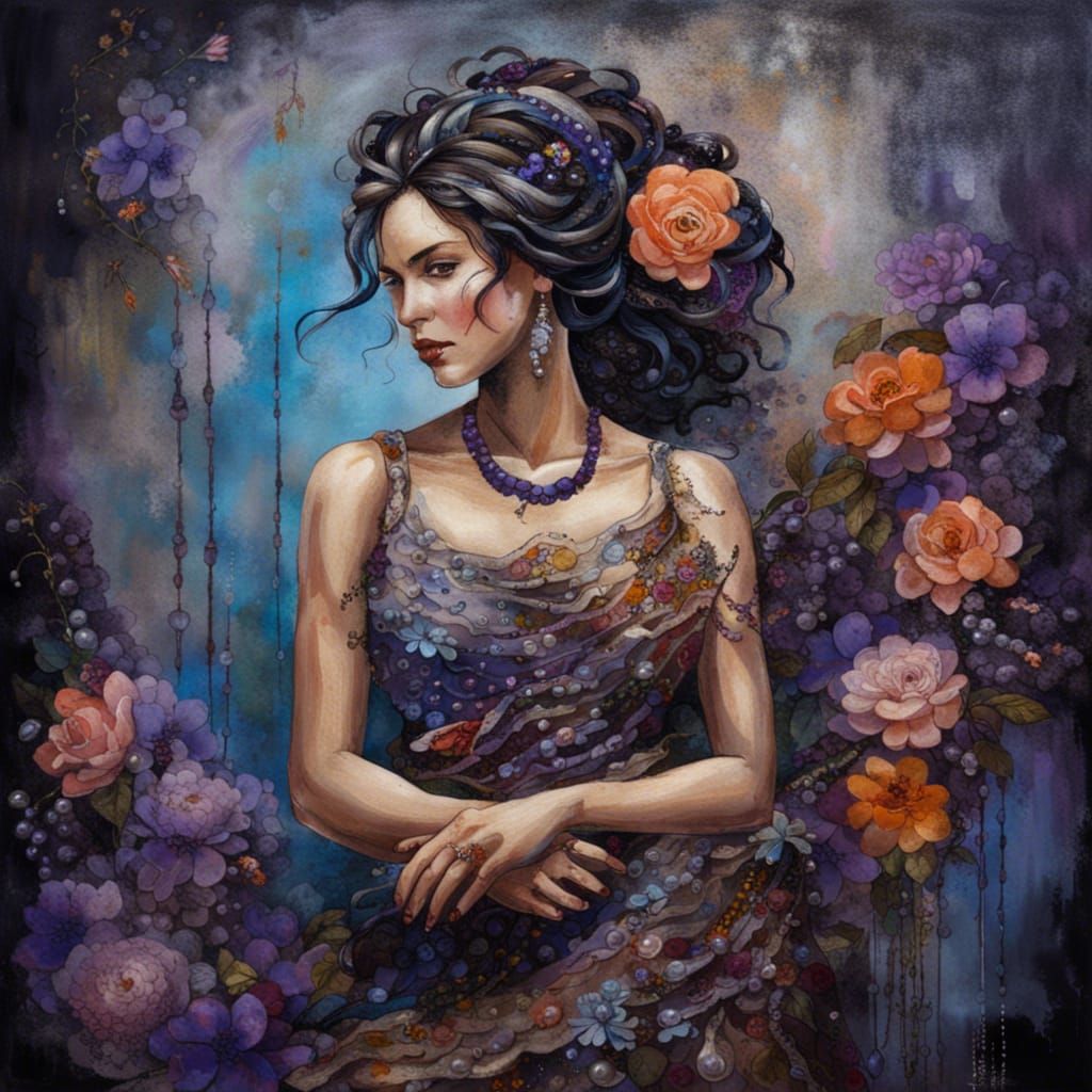 Woman in Decaying Floral Setting with Braided Hair