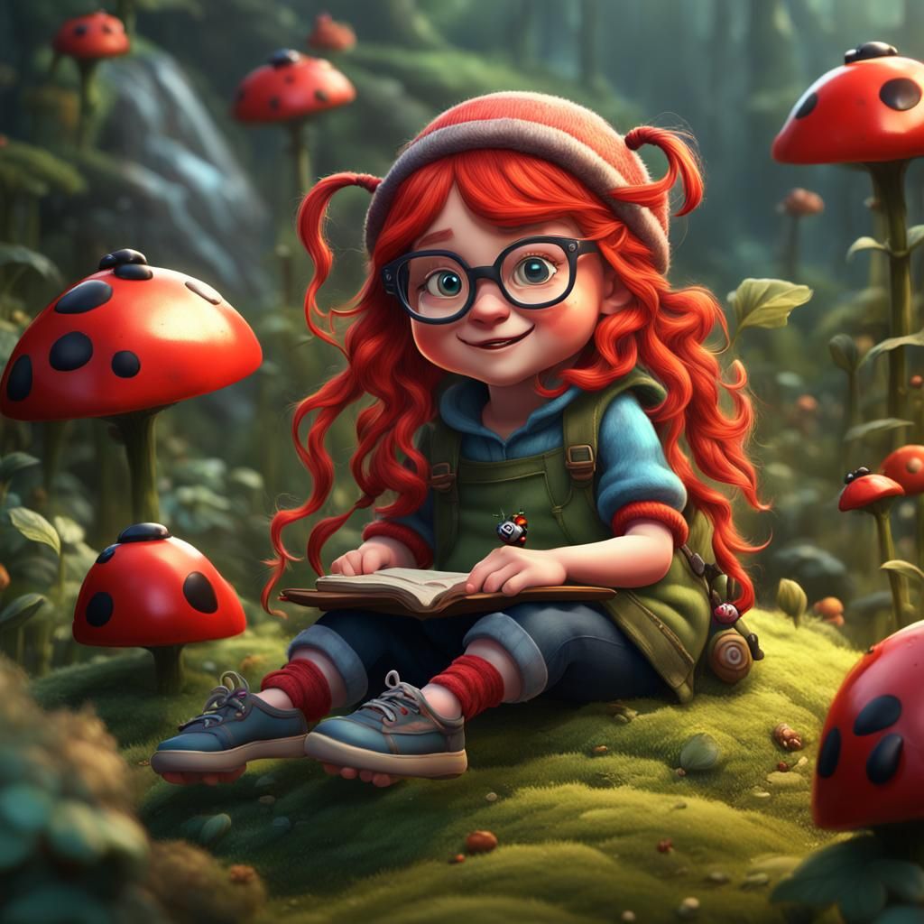 Cartoon Gnome Girl on Ladybug, Detailed Fantasy Art