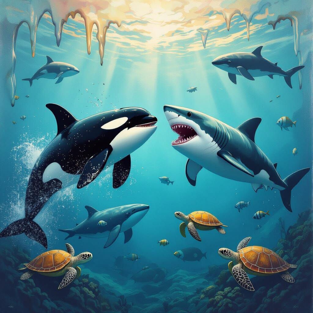 Orca and Shark Battle in Surreal Underwater Scene