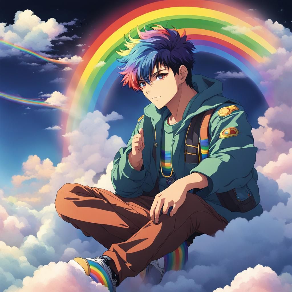 Anime Man with Rainbow Eye in Clouds