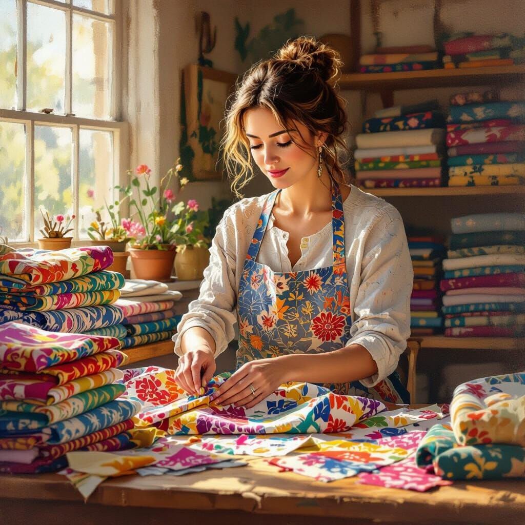 Quilter Sifting Fabrics in Sunlit Studio Oil Painting