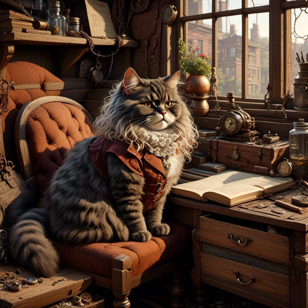 Steampunk Brindle Cat in Workshop