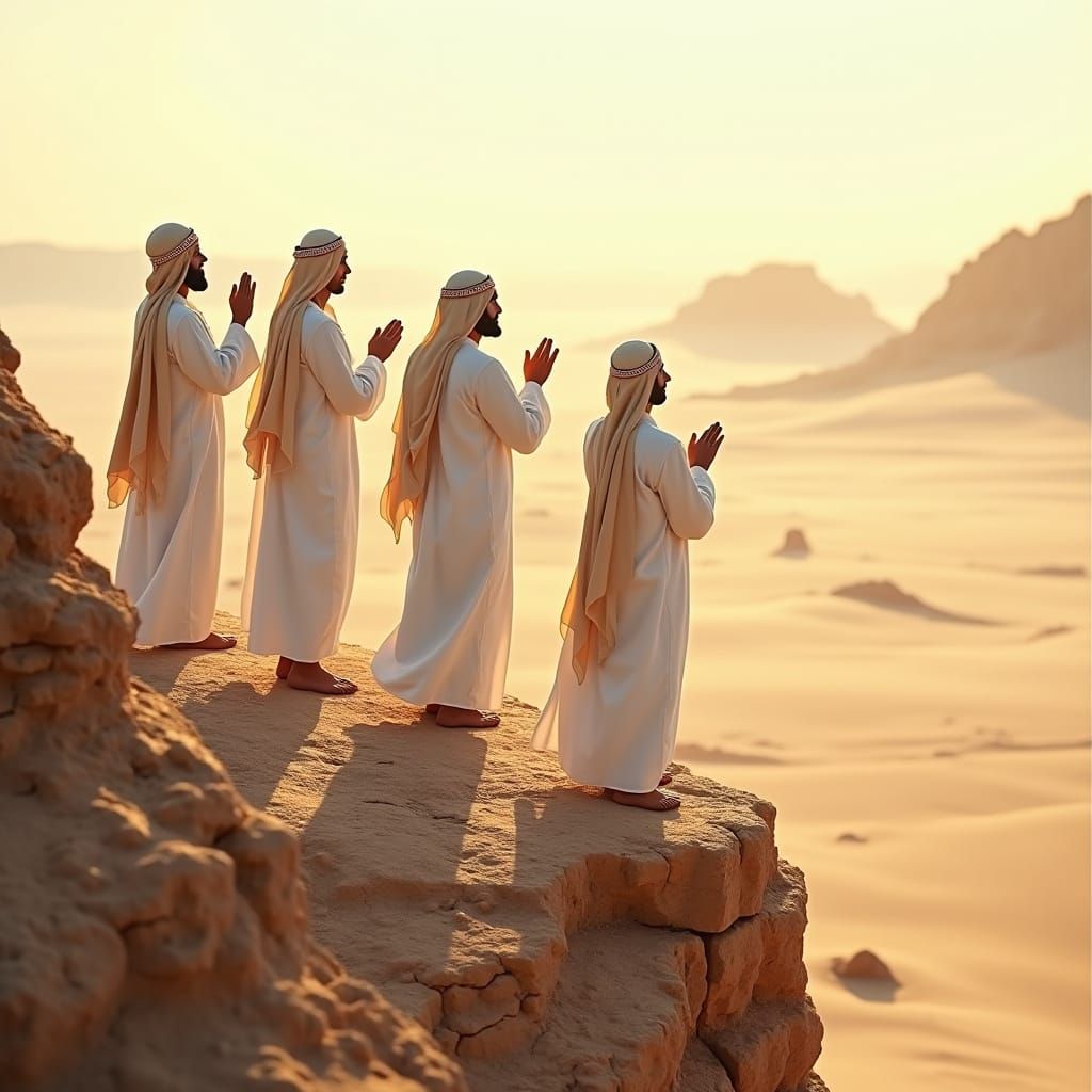 Four Men in Prayerful Reverence on Rocky Outcropping in Dese...