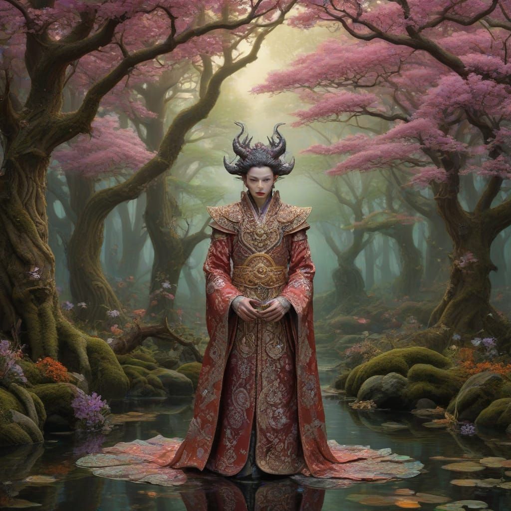 Regal Shogun Samurai in Iridescent Plasma Armor Stands Valia...