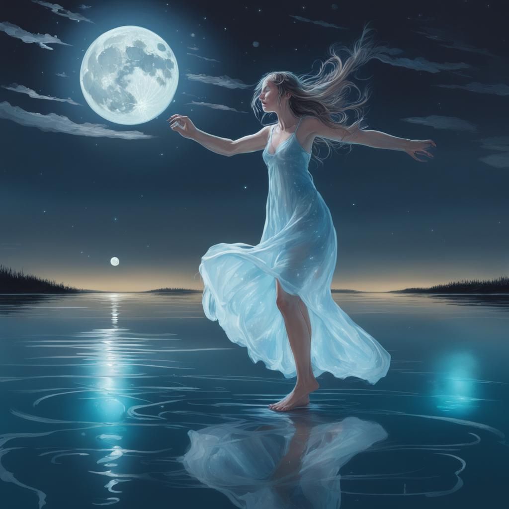 Bioluminescent Dancer Under the Moonlit Sky
