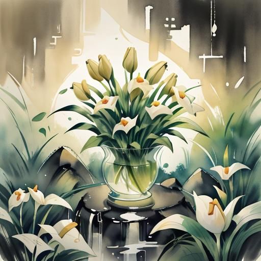 Calla Lilies in Chinese Ink Painting Style