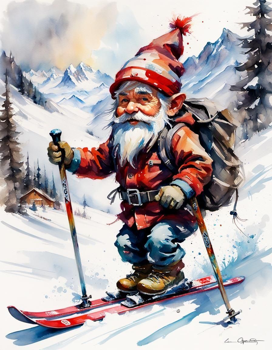 Gnome on Skis in Watercolor Style