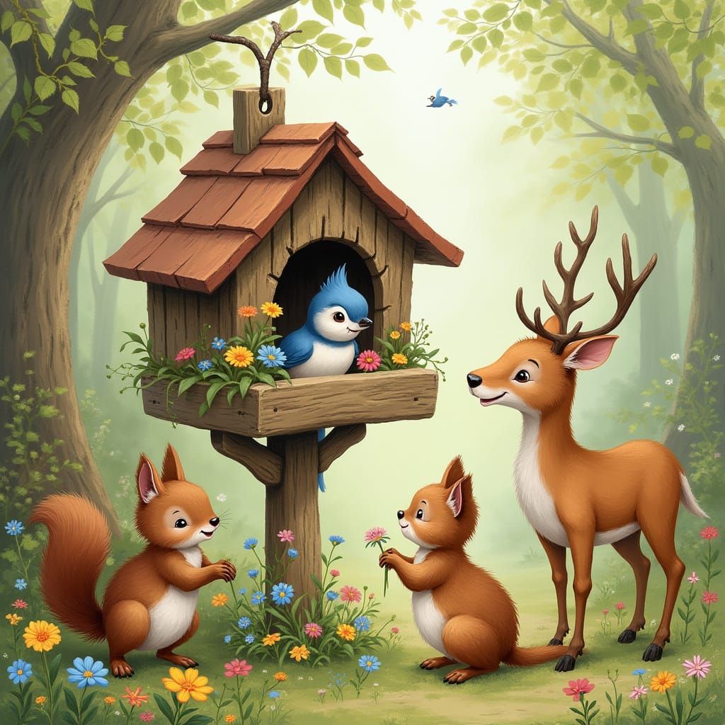 Whimsical Woodland Creatures Gather Around Bird Feeder