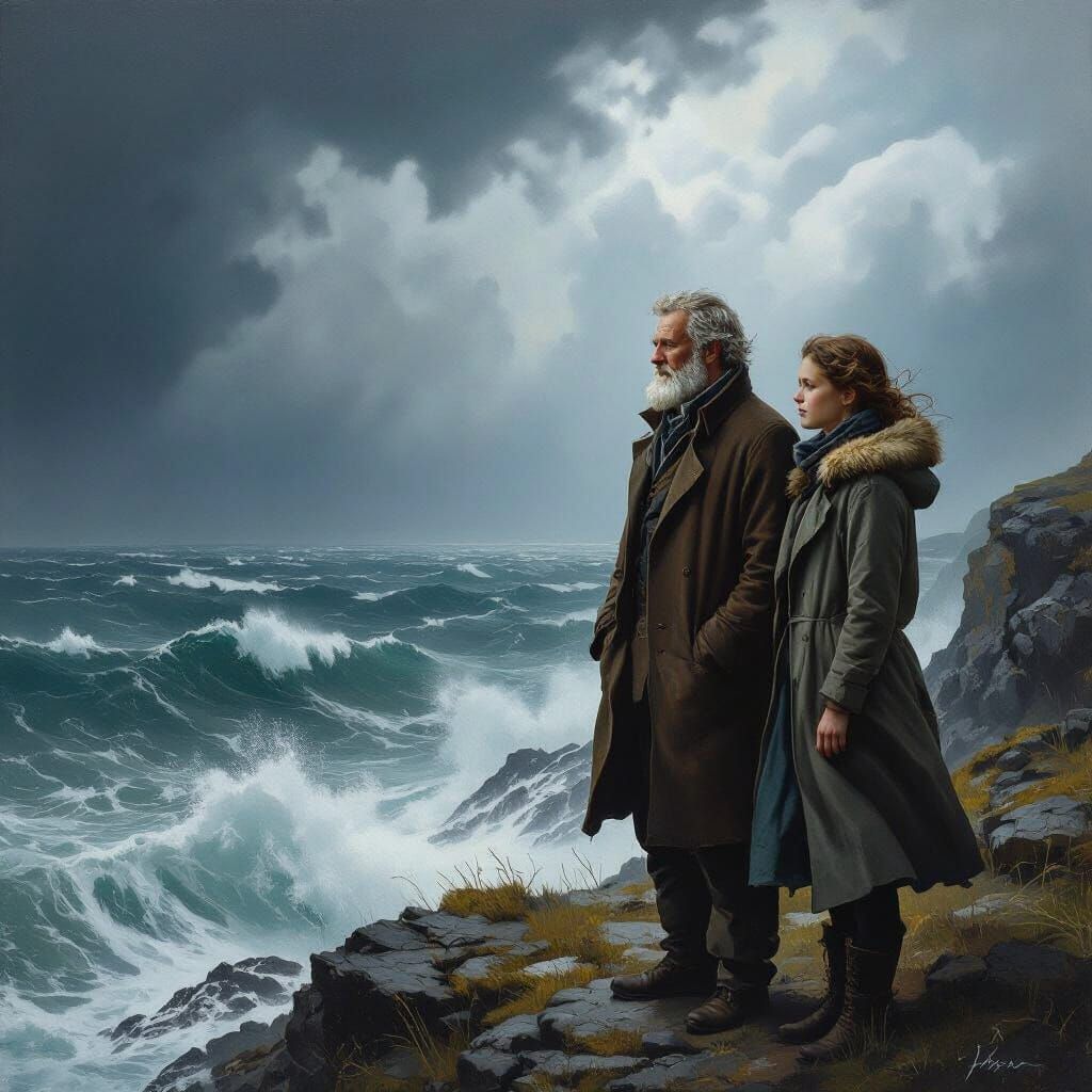 Father and Daughter Face Life's Storms on Cliff