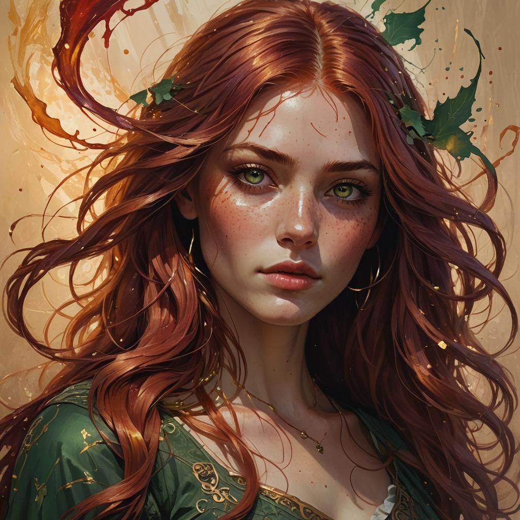 Ethereal Portrait with Red Hair in Hyperrealistic Style
