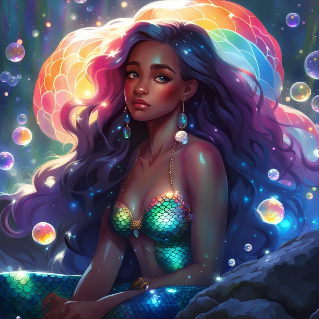 Rainbow Mermaid on Glowing Rock: Digital Illustration