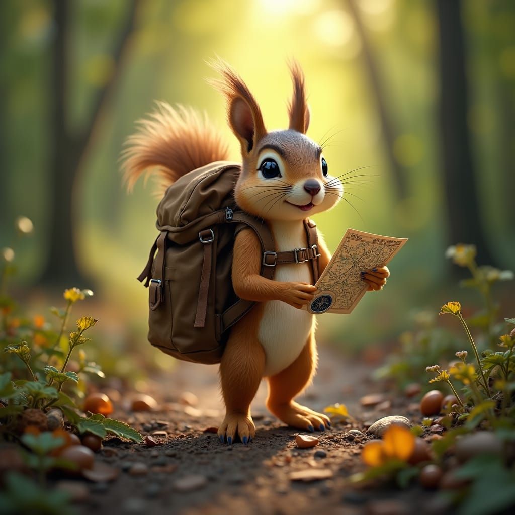 Squirrel's Hiking Adventure in a Dense Forest