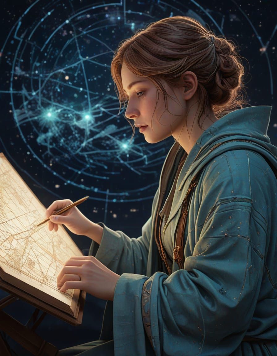 Celestial Cartographer Mapping Starlight Constellations
