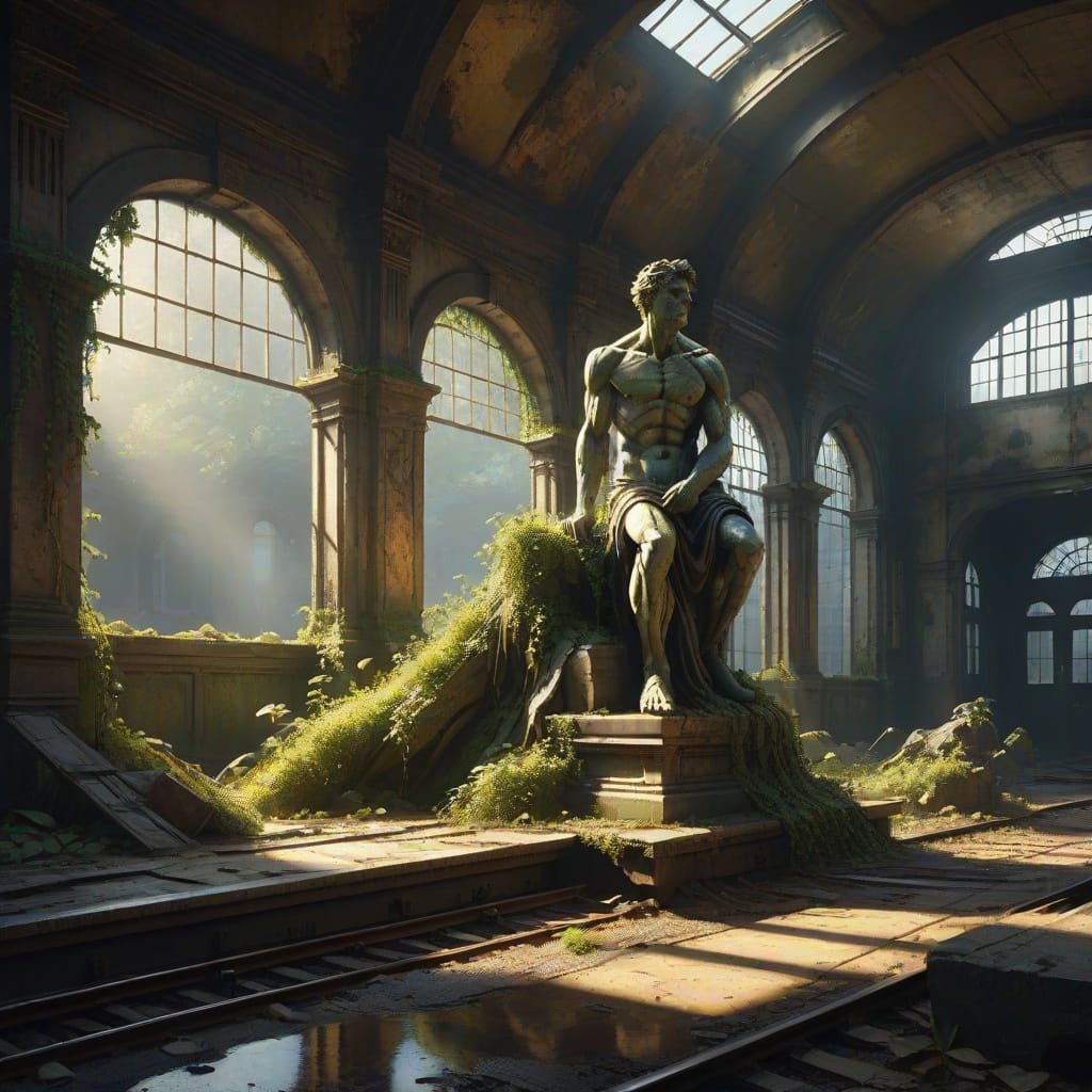 Weathered Statue in Abandoned Train Station