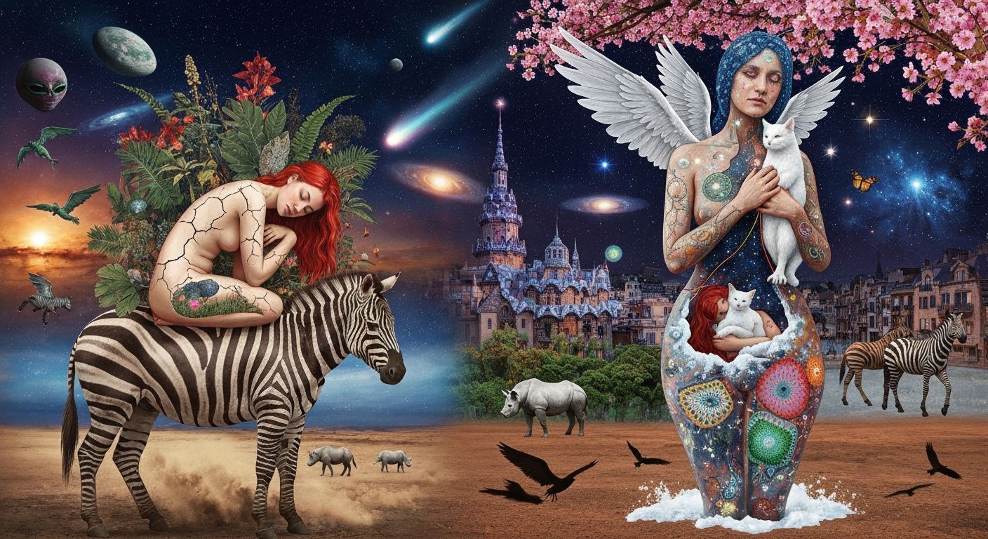 Woman Sleeping on Zebra Amidst Surreal Jungle and Cosmic Sky